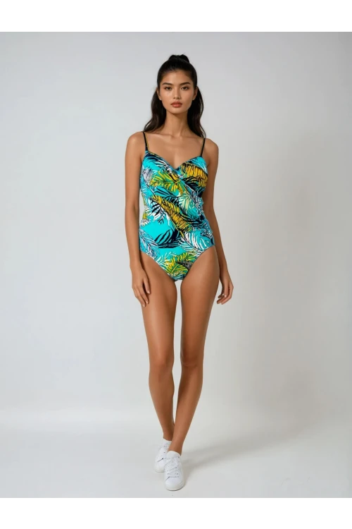 Kadın Lacivert Turkuaz Sarı Tüy Desen Yandan Drapeli Mayo HZL25S-LC6243