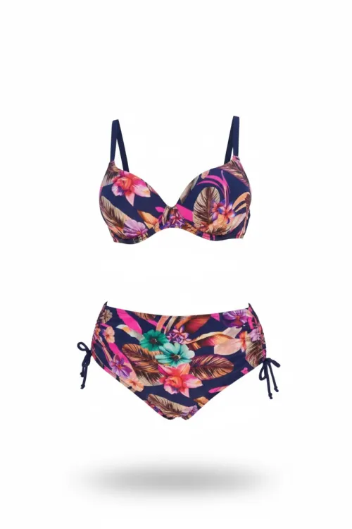 Kadın Lacivert Yaprak Desenli Yüksek Bel Büyük Beden Bikini Takım HZL24S-LC22625