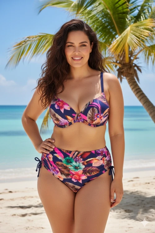 Kadın Lacivert Yaprak Desenli Yüksek Bel Büyük Beden Bikini Takım HZL24S-LC22625