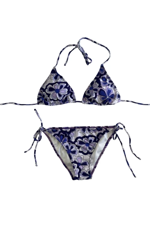 Kadın Lila Çiçek Desenli Boyundan İp Bağlamalı Üçgen Bikini Takımı HZL25S-LC5005