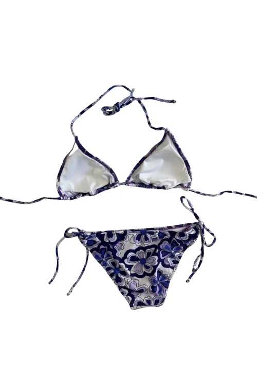 Kadın Lila Çiçek Desenli Boyundan İp Bağlamalı Üçgen Bikini Takımı HZL25S-LC5005