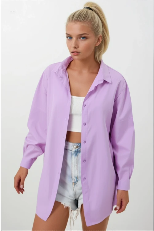 Kadın Lila Oversize Uzun Basic Gömlek Hzl22w-bd139001