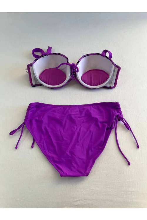 Kadın Lila Siyah Desenli Taş İşlemeli Toparlayıcı Bikini Takım HZL25S-LC3333