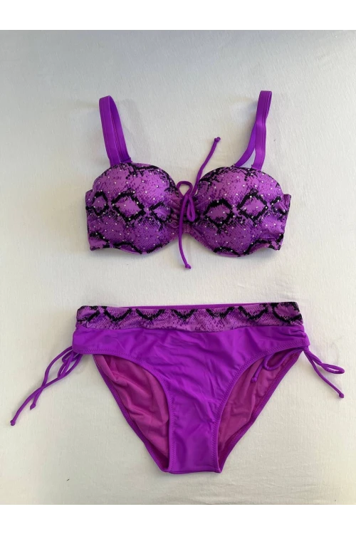 Kadın Lila Siyah Desenli Taş İşlemeli Toparlayıcı Bikini Takım HZL25S-LC3333