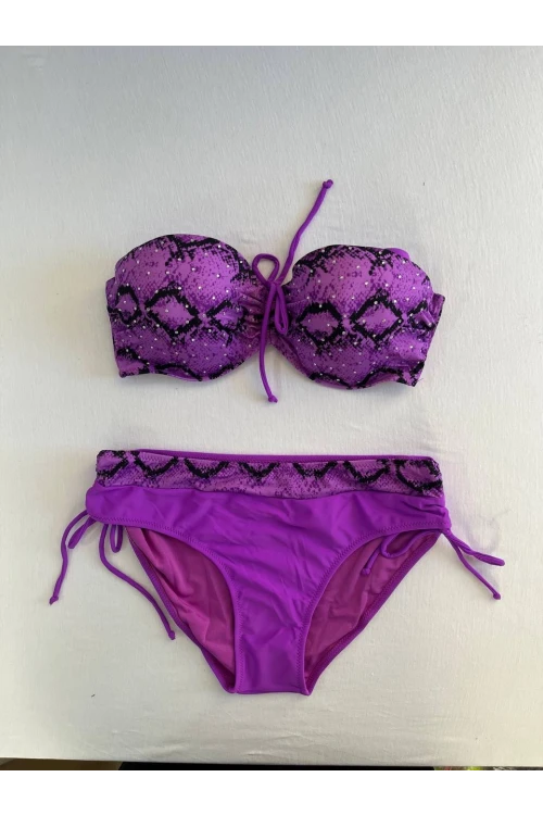 Kadın Lila Siyah Desenli Taş İşlemeli Toparlayıcı Bikini Takım HZL25S-LC3333