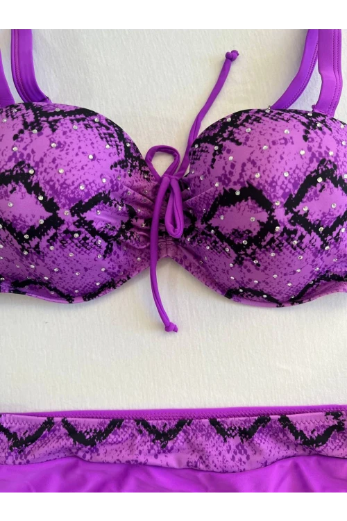 Kadın Lila Siyah Desenli Taş İşlemeli Toparlayıcı Bikini Takım HZL25S-LC3333