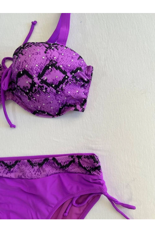 Kadın Lila Siyah Desenli Taş İşlemeli Toparlayıcı Bikini Takım HZL25S-LC3333