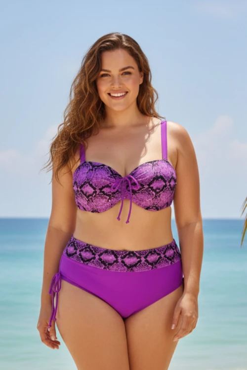 Kadın Lila Siyah Desenli Taş İşlemeli Toparlayıcı Büyük Beden  Bikini Takım HZL25S-LC3333