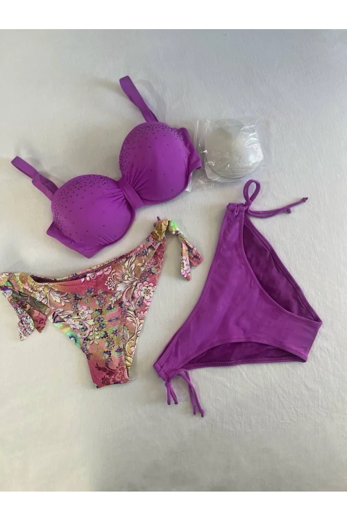 Kadın Lila Taş İşlemeli 3 Parça Bikini Takım HZL25S-LC3315