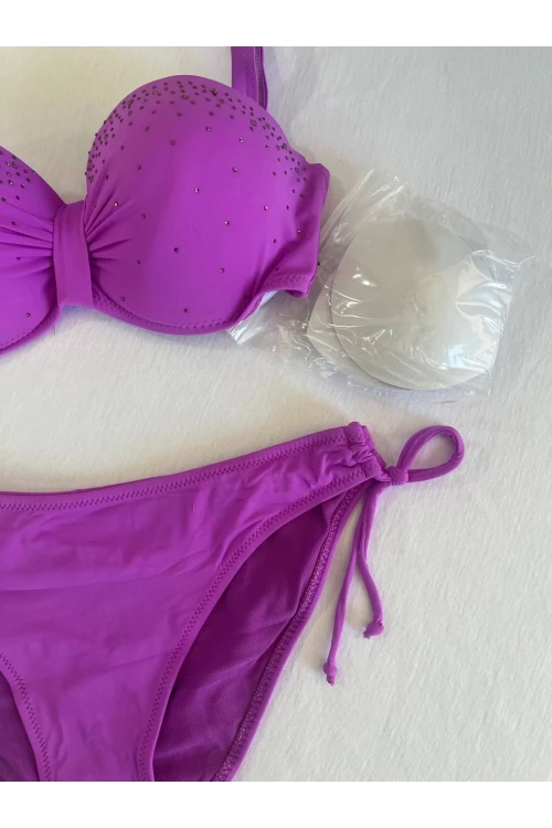 Kadın Lila Taş İşlemeli 3 Parça Bikini Takım HZL25S-LC3315