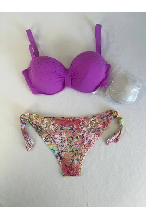 Kadın Lila Taş İşlemeli 3 Parça Bikini Takım HZL25S-LC3315