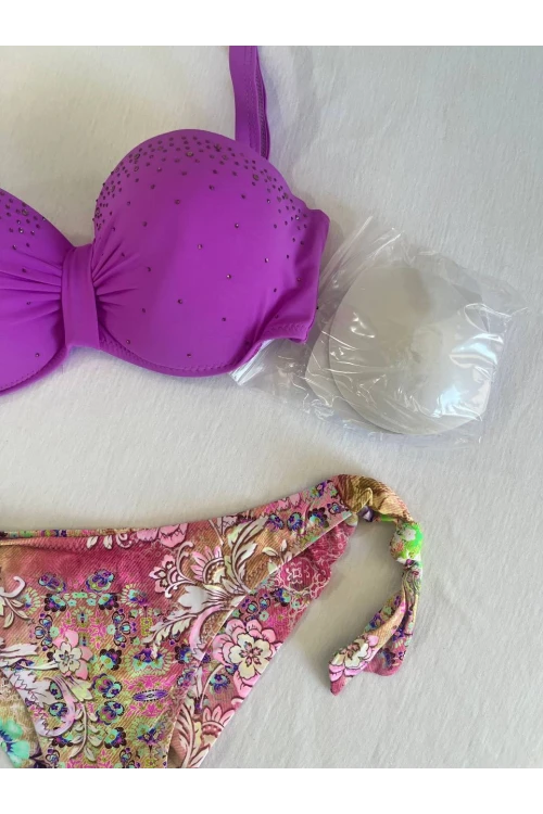 Kadın Lila Taş İşlemeli 3 Parça Bikini Takım HZL25S-LC3315