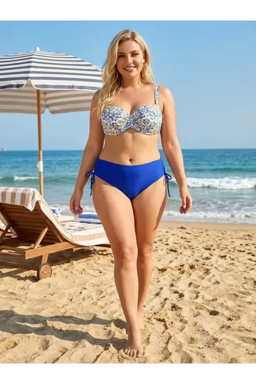 Kadın Mavi Beyaz Desenli Taş İşlemeli  Astarlı Bikini Takım HZL25S-LC3309