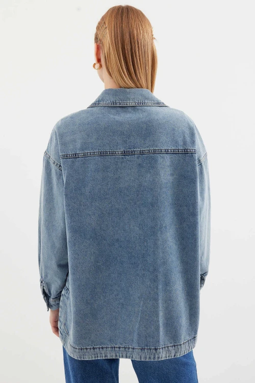 Kadın Mavi Çift Cepli Önden Düğmeli Jean Ceket HZL25S-BD106941