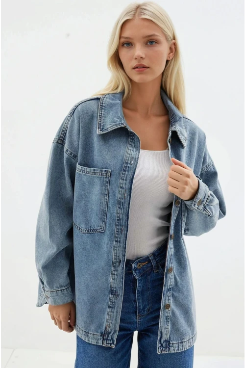 Kadın Mavi Çift Cepli Önden Düğmeli Jean Ceket HZL25S-BD106941