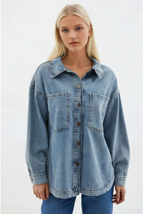 Kadın Mavi Çift Cepli Önden Düğmeli Jean Ceket HZL25S-BD106941