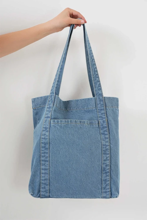 Kadın Mavi Kot Kumaş Şeritli Cepli Omuz Çanta HZL25S-BD10221