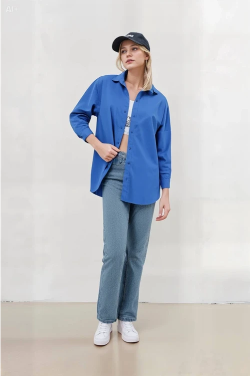 Kadın Mavi Oversize Uzun Basic Gömlek HZL22W-BD139001