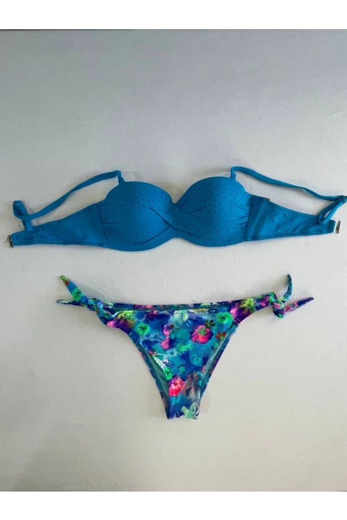 Kadın Mavi Taş İşlemeli Desenli Astarlı Bikini Takım HZL25S-LC203