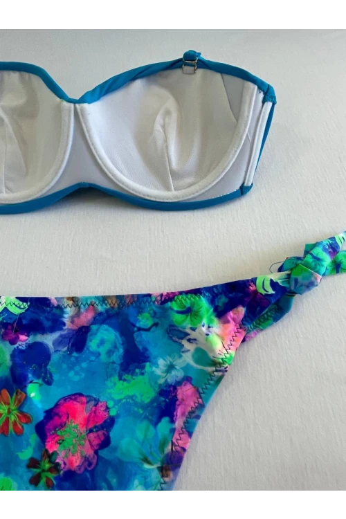 Kadın Mavi Taş İşlemeli Desenli Astarlı Bikini Takım HZL25S-LC203