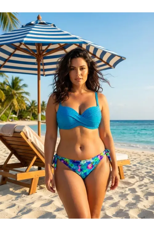 Kadın Mavi Taş İşlemeli Desenli Astarlı Bikini Takım HZL25S-LC203