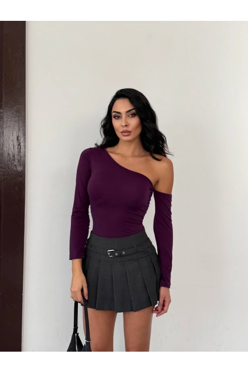 Kadın Mor Asimetrik Yaka Drapeli Sandy Bluz HZL25S-FRY123361