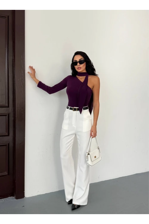 Kadın Mor Fularlı Sandy Kumaş Asimetrik Kesim Bluz HZL25S-FRY123371