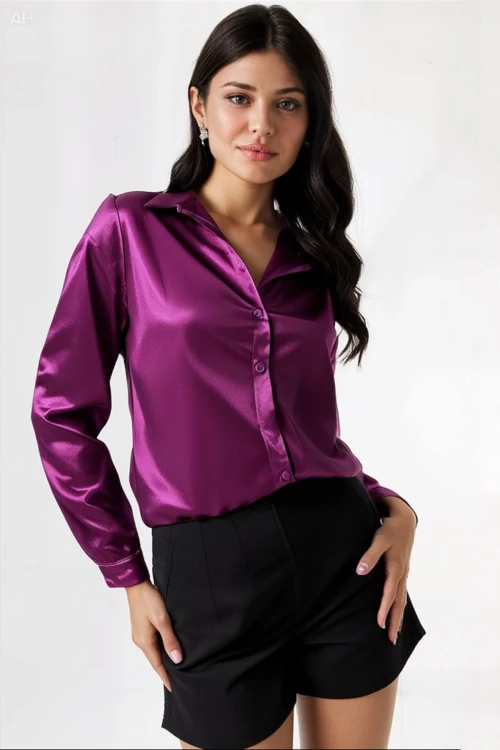 Kadın Mor Hafif Dökümlü Saten Yüzeyli Gömlek Hzl22w-bd139641