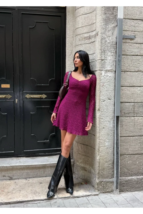 Kadın Mor Uzun Kollu Dantel Detay Astarlı Kloş Elbise HZL25W-FRY123531