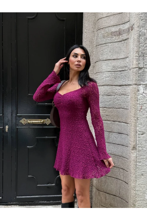 Kadın Mor Uzun Kollu Dantel Detay Astarlı Kloş Elbise HZL25W-FRY123531