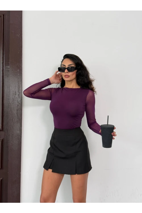 Kadın Mor Uzun Tül Kol Sandy Bluz HZL25W-FRY122521