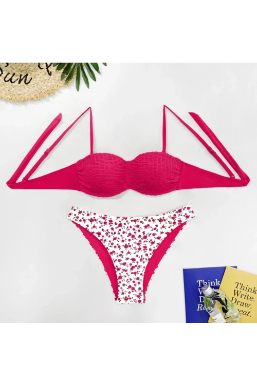 Kadın Mürdüm Beyaz Çiçek Desenli Bikini Takım HZL25S-LC211