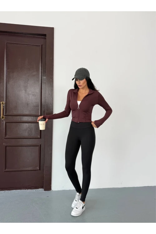 Kadın Mürdüm Dalgıç Kumaş Fermuar Kapamalı Parmak Geçirmeli Sweatshirt HZL25W-FRY123441