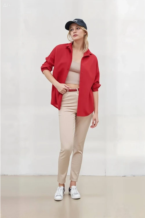 Kadın NAR Çiçeği Oversize Uzun Basic Gömlek HZL22W-BD139001