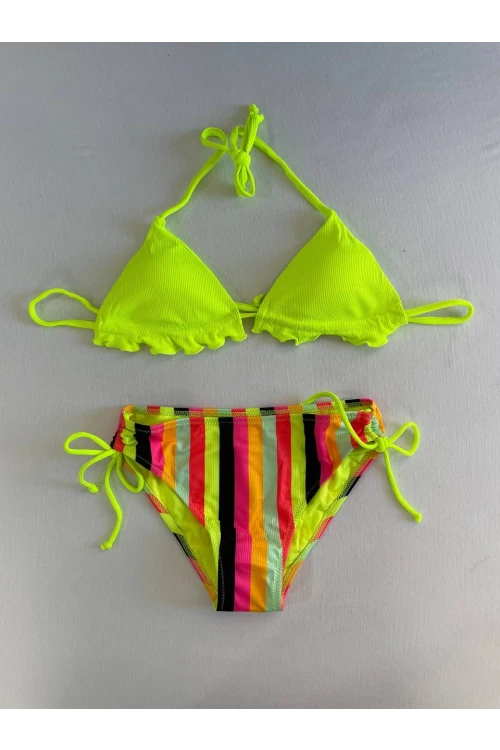 Kadın Neon Sarı Renk Desenli Boyundan Bağlamalı Bikini Takım HZL25S-LC3350