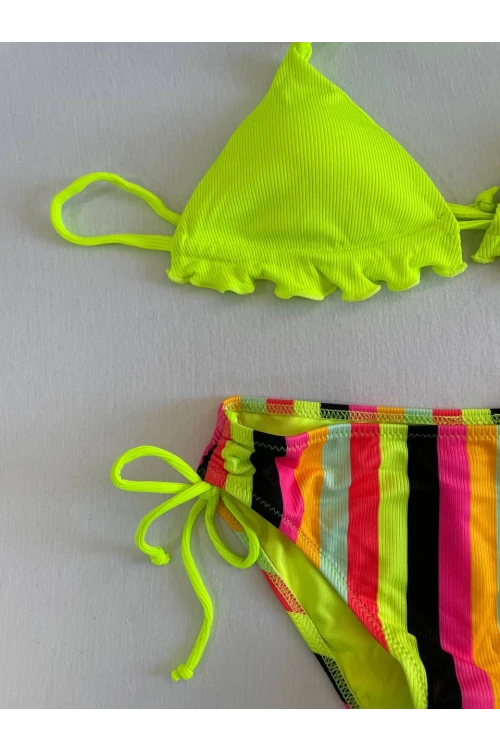 Kadın Neon Sarı Renk Desenli Boyundan Bağlamalı Bikini Takım HZL25S-LC3350