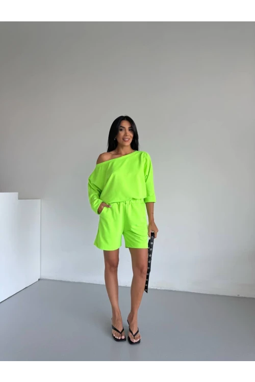 Kadın Neon Yeşil 2 İplik Kayık Yaka Bluz Şort Alt Üst Takım HZL25S-FRY120511