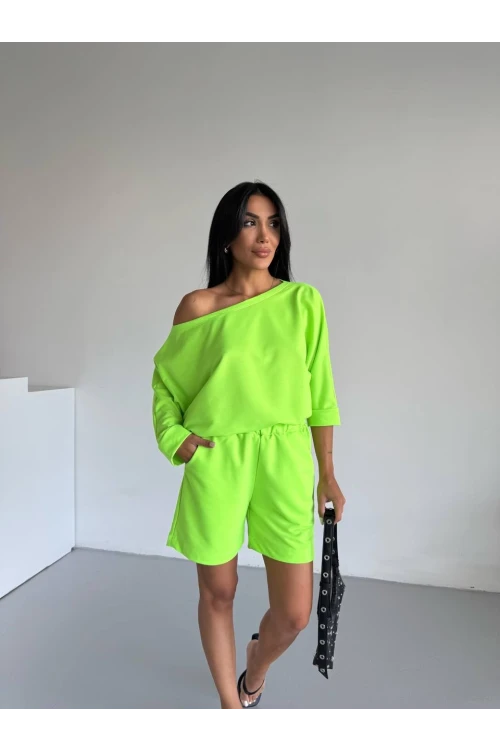Kadın Neon Yeşil 2 İplik Kayık Yaka Bluz Şort Alt Üst Takım HZL25S-FRY120511