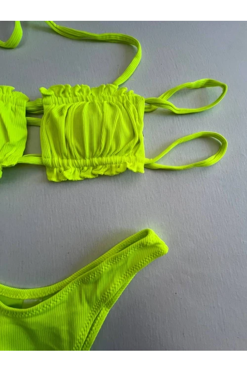 Kadın Neon Yeşil İp Bağlamalı Büzgülü Straplez Bikini Takım HZL25S-LC2226