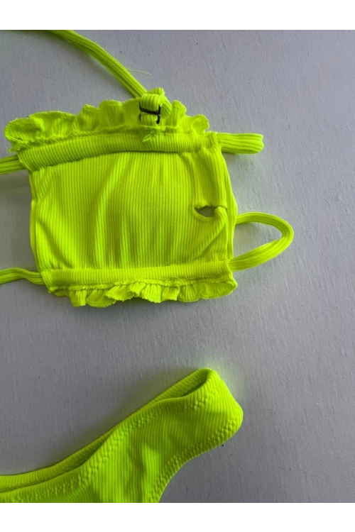 Kadın Neon Yeşil İp Bağlamalı Büzgülü Straplez Bikini Takım HZL25S-LC2226