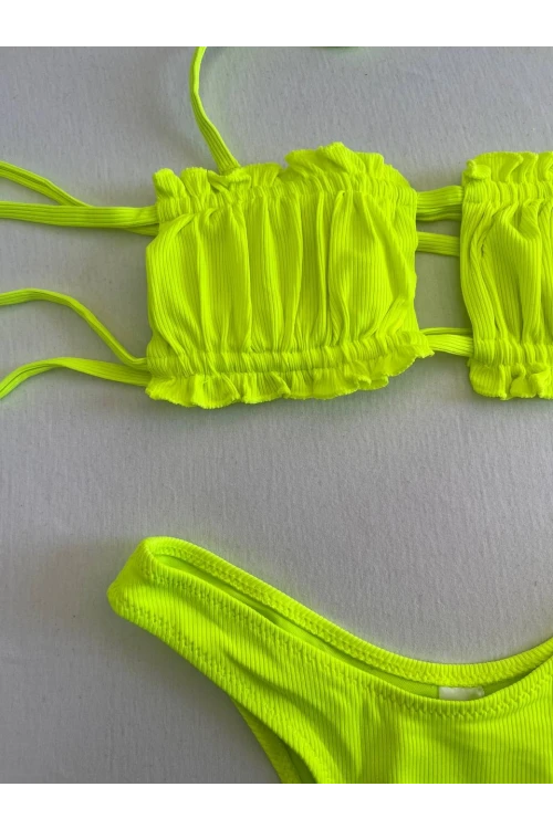 Kadın Neon Yeşil İp Bağlamalı Büzgülü Straplez Bikini Takım HZL25S-LC2226