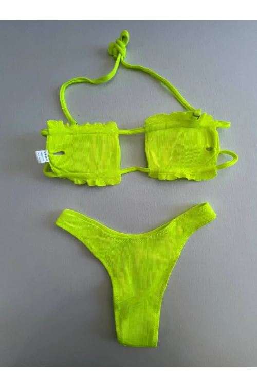 Kadın Neon Yeşil İp Bağlamalı Büzgülü Straplez Bikini Takım HZL25S-LC2226