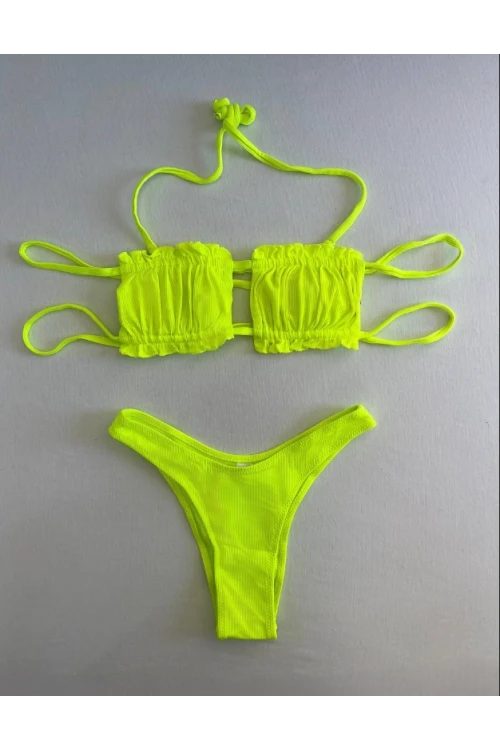 Kadın Neon Yeşil İp Bağlamalı Büzgülü Straplez Bikini Takım HZL25S-LC2226