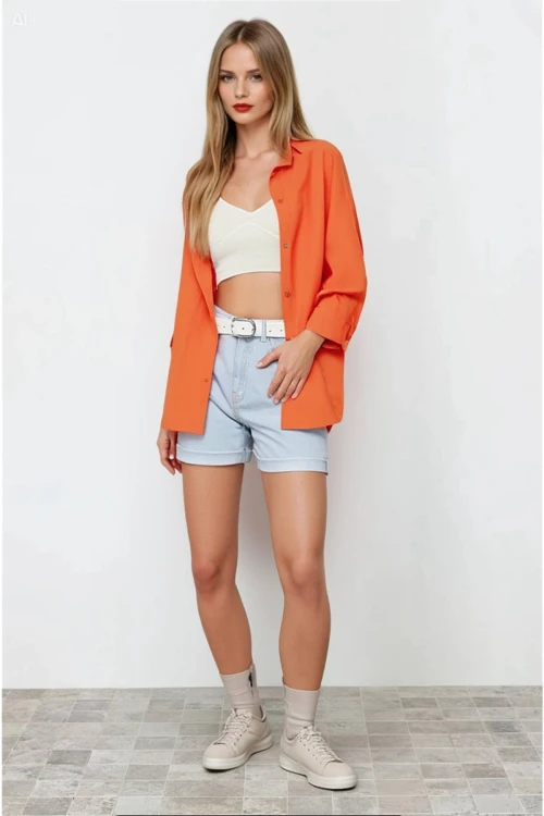 Kadın Oranj Oversize Uzun Basic Gömlek HZL22W-BD139001