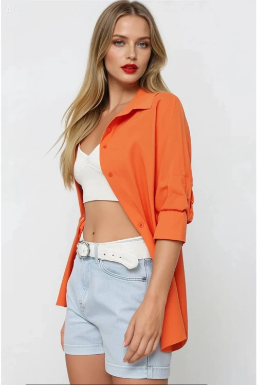Kadın Oranj Oversize Uzun Basic Gömlek HZL22W-BD139001