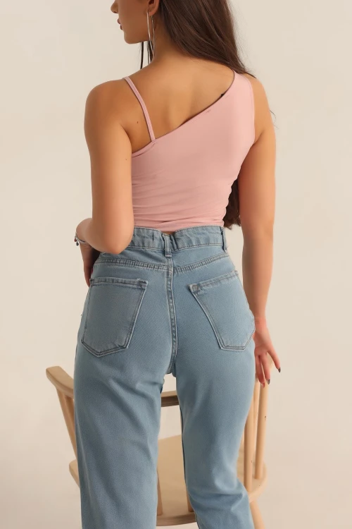 Kadın Pembe Askılı Tek Omuz Likralı Crop Bluz HZL23S-SND120171