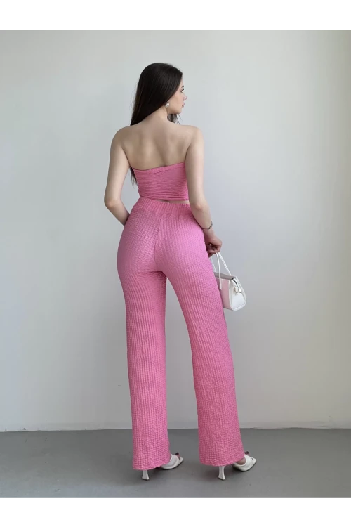 Kadın Pembe Beli Lastilkli Gofre Kumaş Pantolon HZL24S-ZK13261