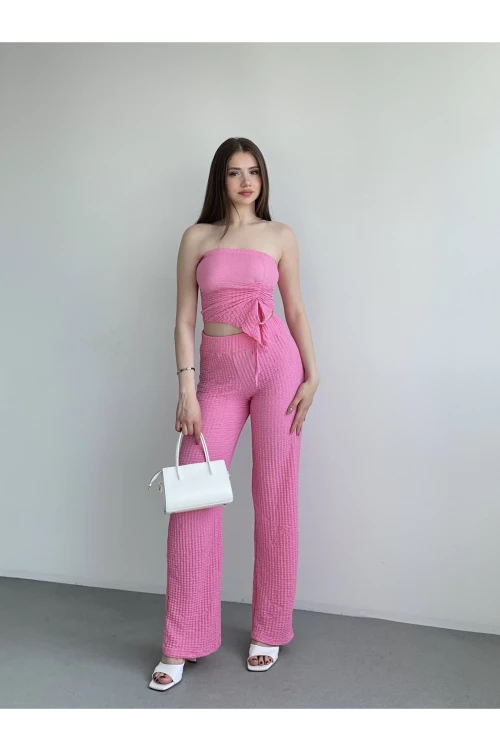 Kadın Pembe Beli Lastilkli Gofre Kumaş Pantolon HZL24S-ZK13261