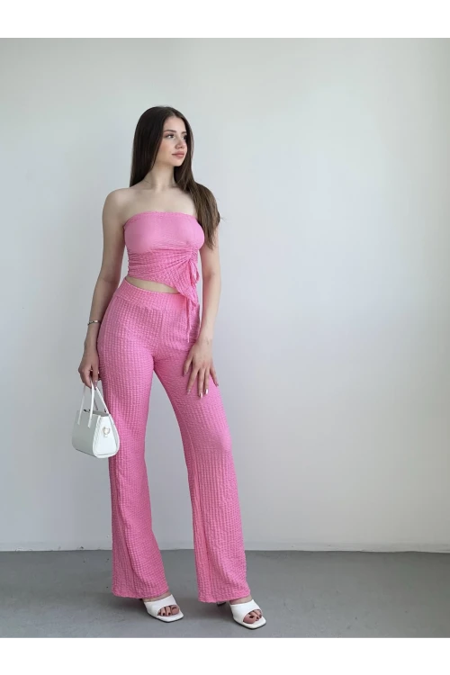 Kadın Pembe Beli Lastilkli Gofre Kumaş Pantolon HZL24S-ZK13261