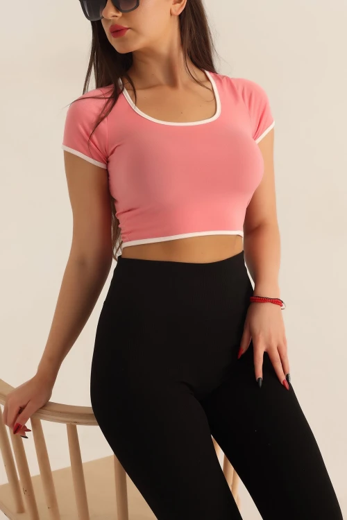 Kadın Pembe Beyaz Biyeli Kısa Kol Likralı SendyCrop Bluz HZL24S-SND190901